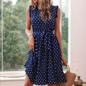 Polka dot ruffle trim pleated belted dress